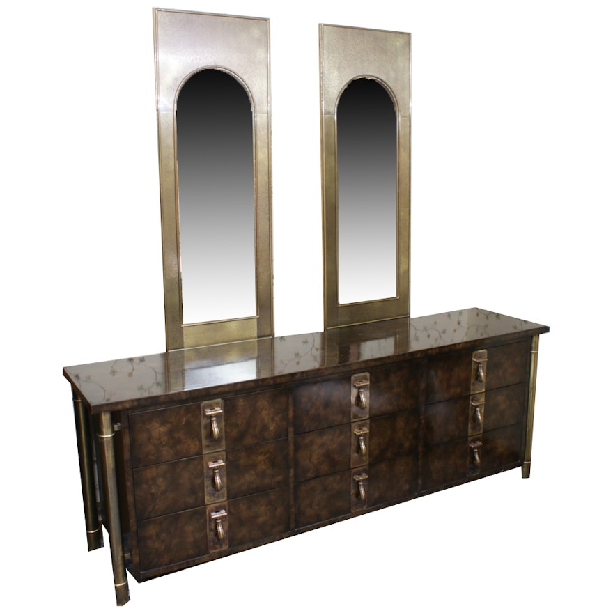 Mastercraft Mid Century Modern Burlwood and Gold Dresser with Arched Mirrors