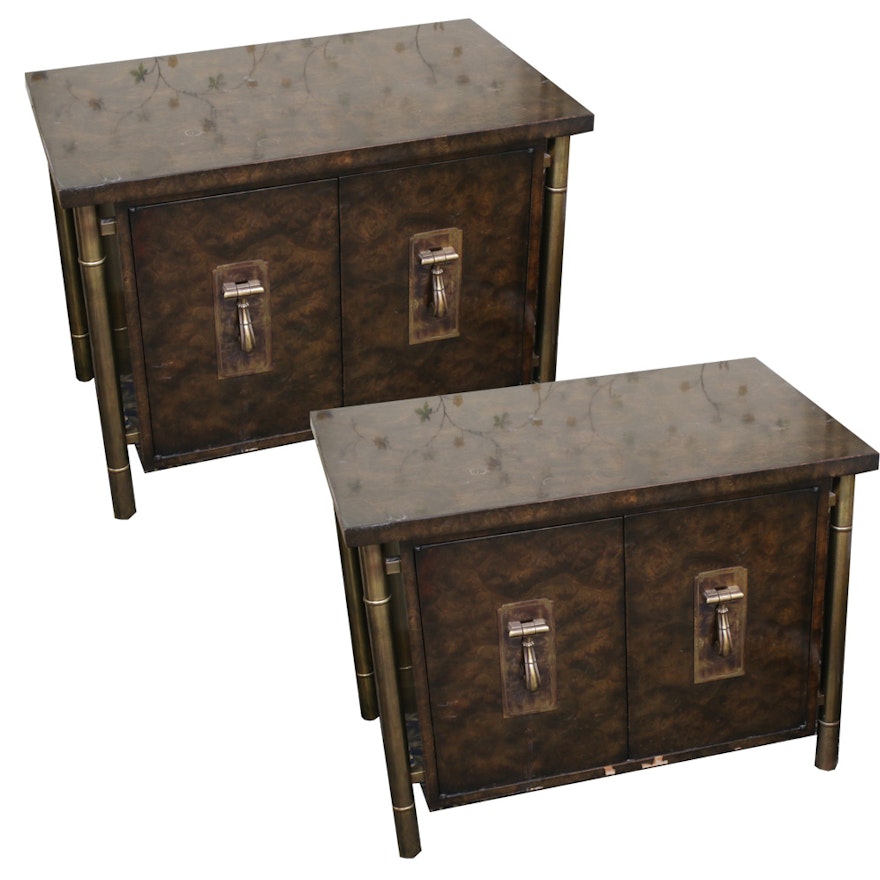 Mastercraft Mid Century Modern Burlwood and Gold Nightstands