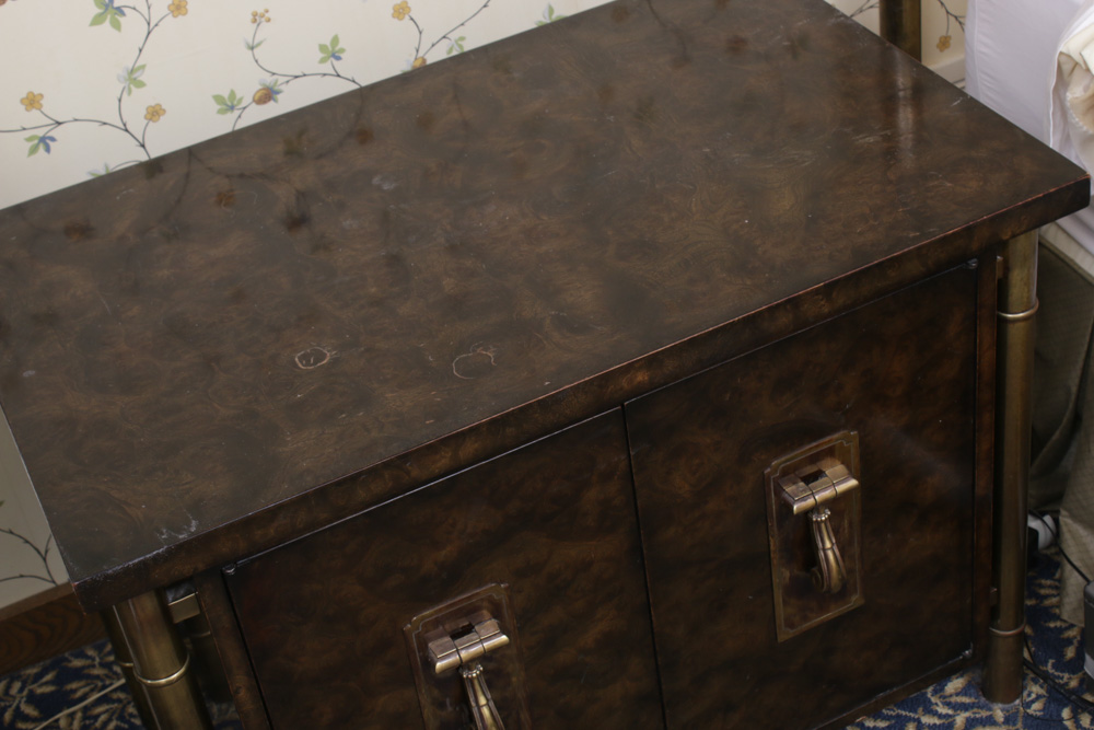 Mastercraft Mid Century Modern Burlwood and Gold Nightstands