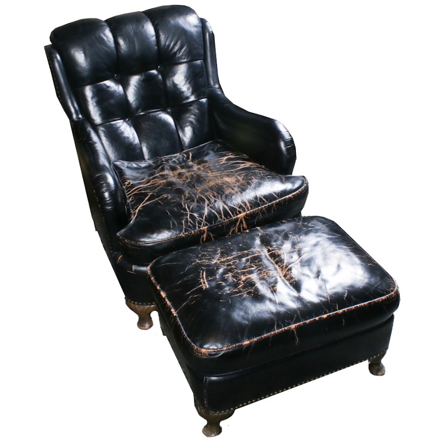 Jamestown-Royal, Black Leather Tufted Back Armchair and Ottoman, Mid-20th C.