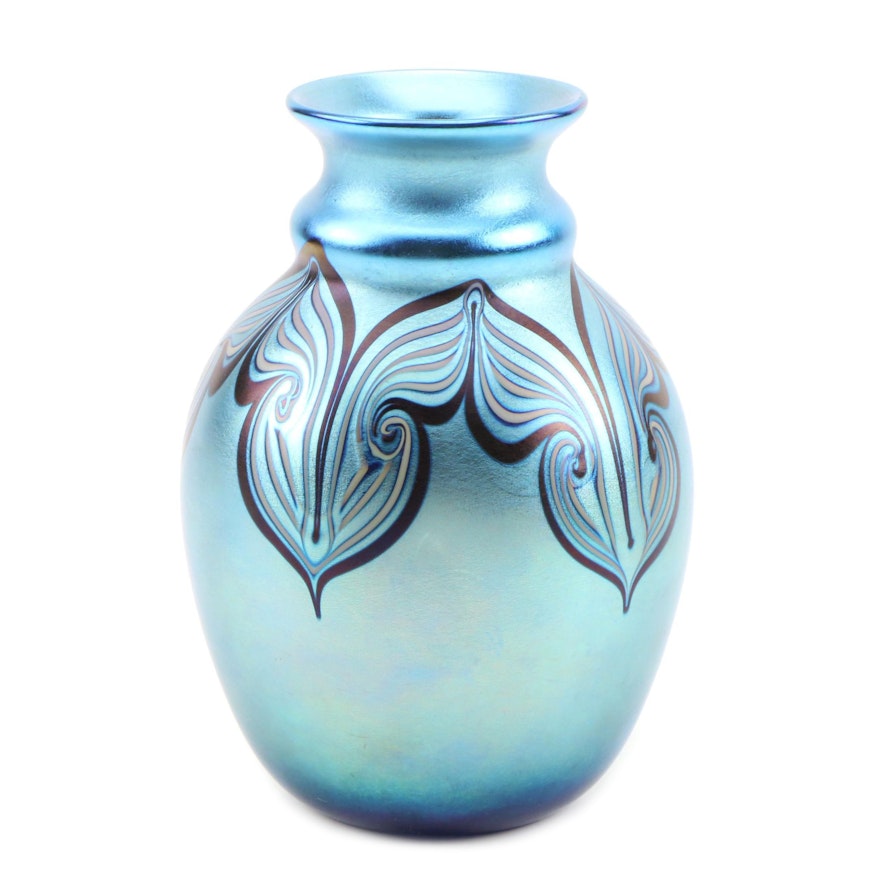 Orient & Flume Iridescent Blue Aurene Art Glass Vase by Bruce Sillars