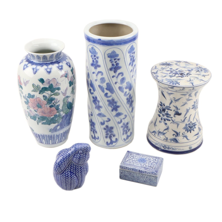East Asian Blue and White Ceramic Vases, Stand, Box, and Rabbit
