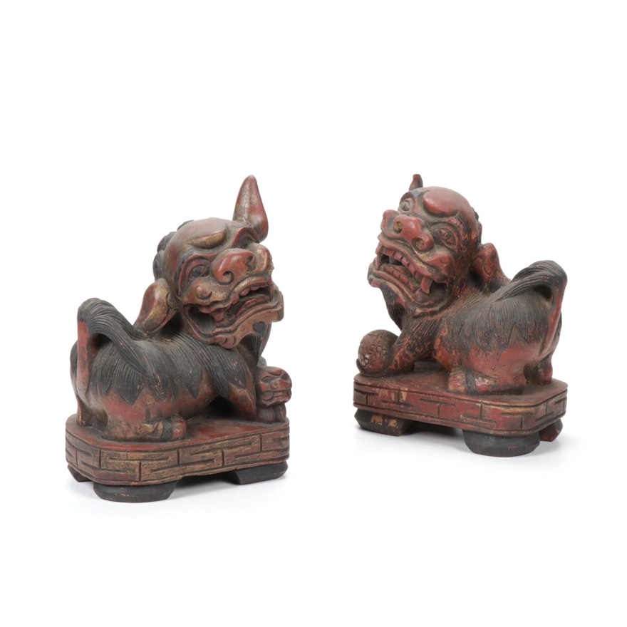 Chinese Carved Wood Guardian Lions, Mid-20th Century