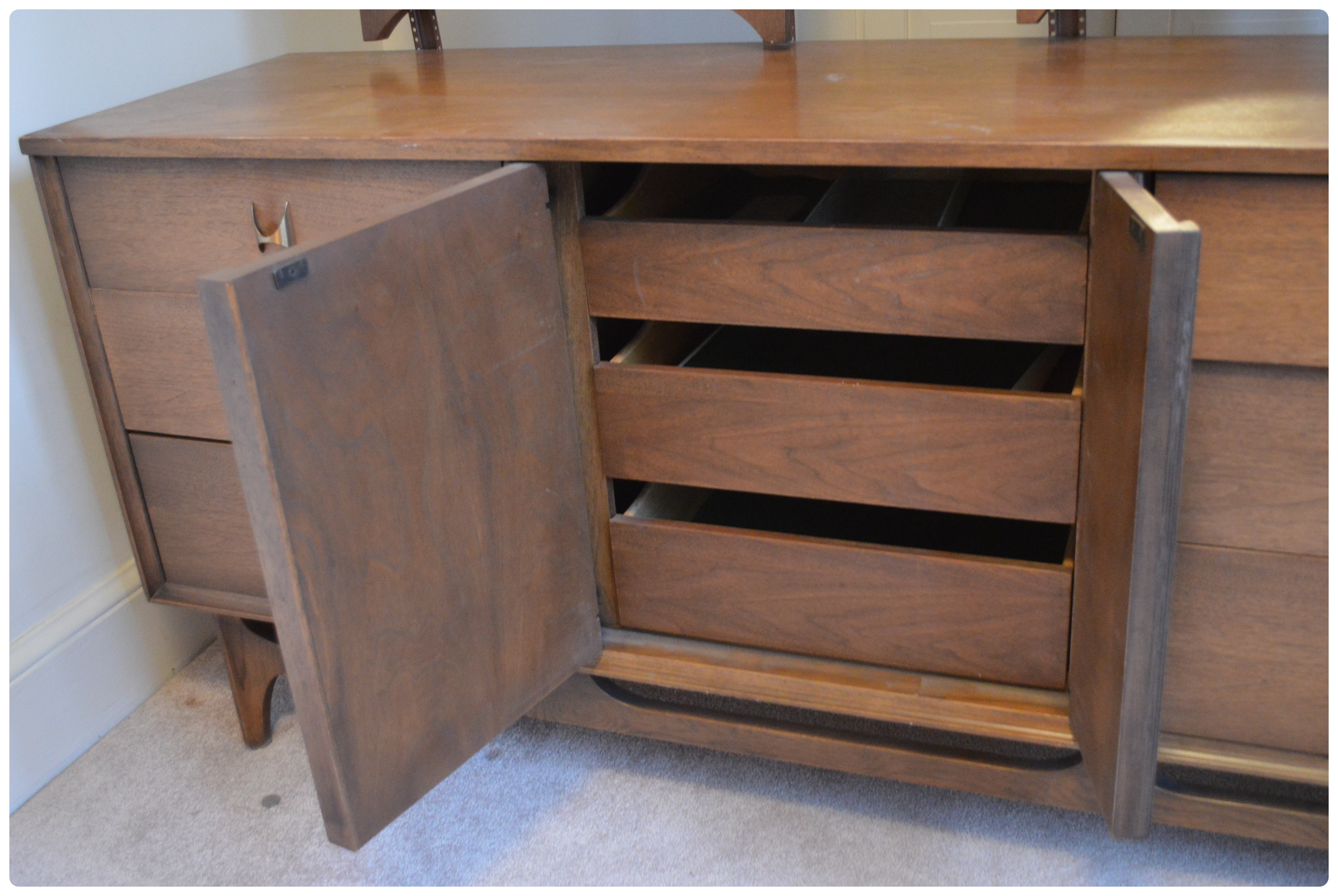 Broyhill Premier, Mid Century Modern "Brasilia" Walnut Dresser with Arch Mirrors