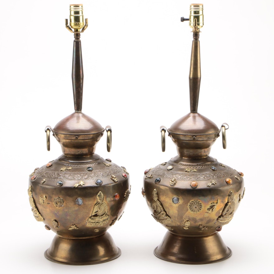 Pair of Converted Hardstone Inset Brass Buddhist Funerary Urn Table Lamps