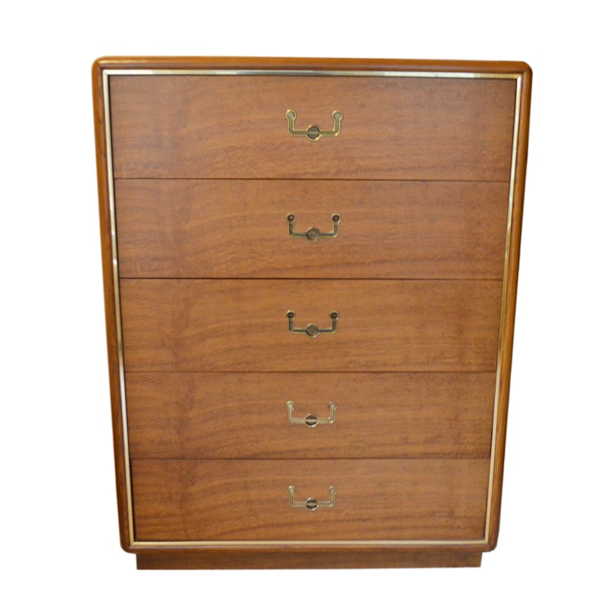Dixie Furniture Co., Mid Century Modern Brass-Trimmed Oak Chest of Drawers