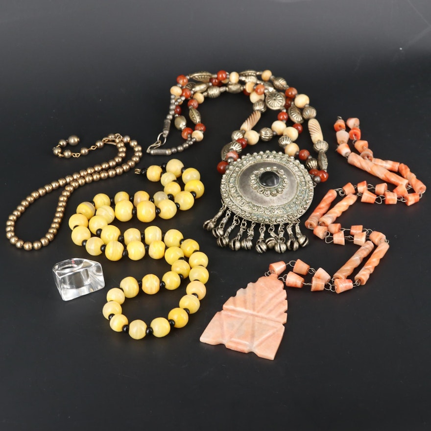 Carnelian, Calcite and Bone Beaded Necklaces and Ring Assortment
