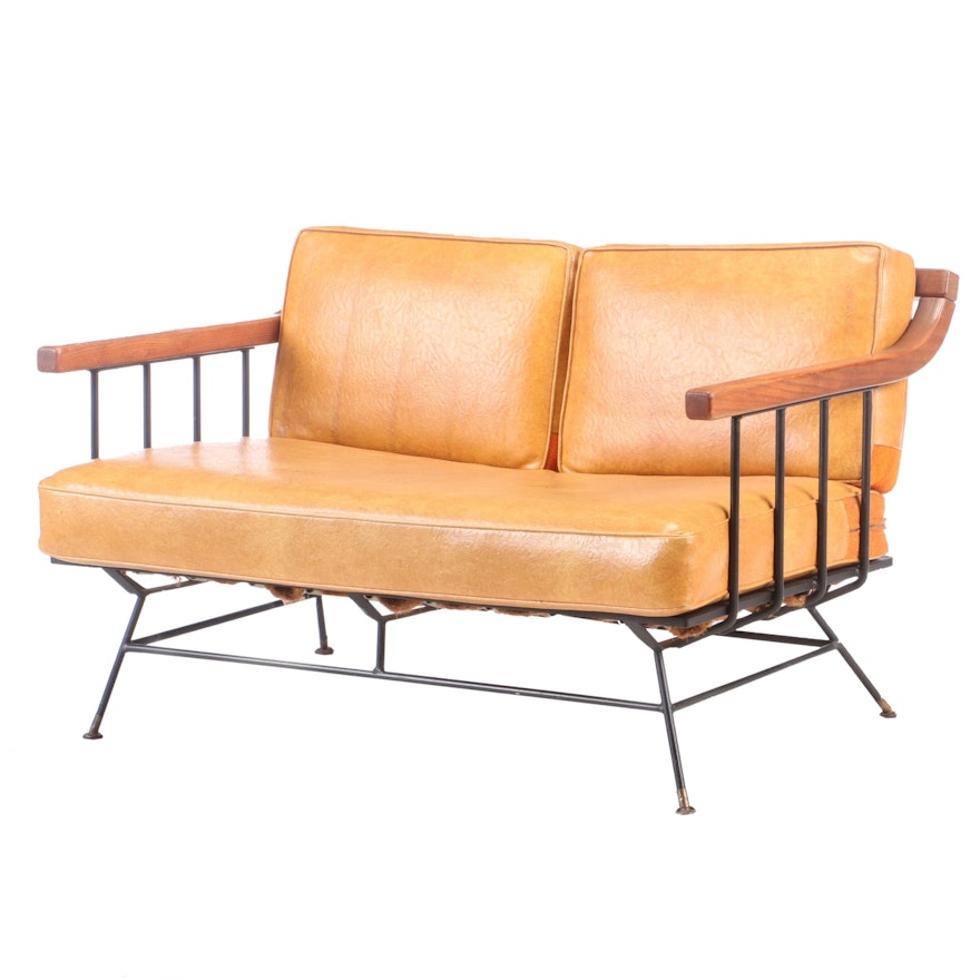 Mid Century Modern Walnut Vinyl Upholstered Love Seat, Mid-20th Century