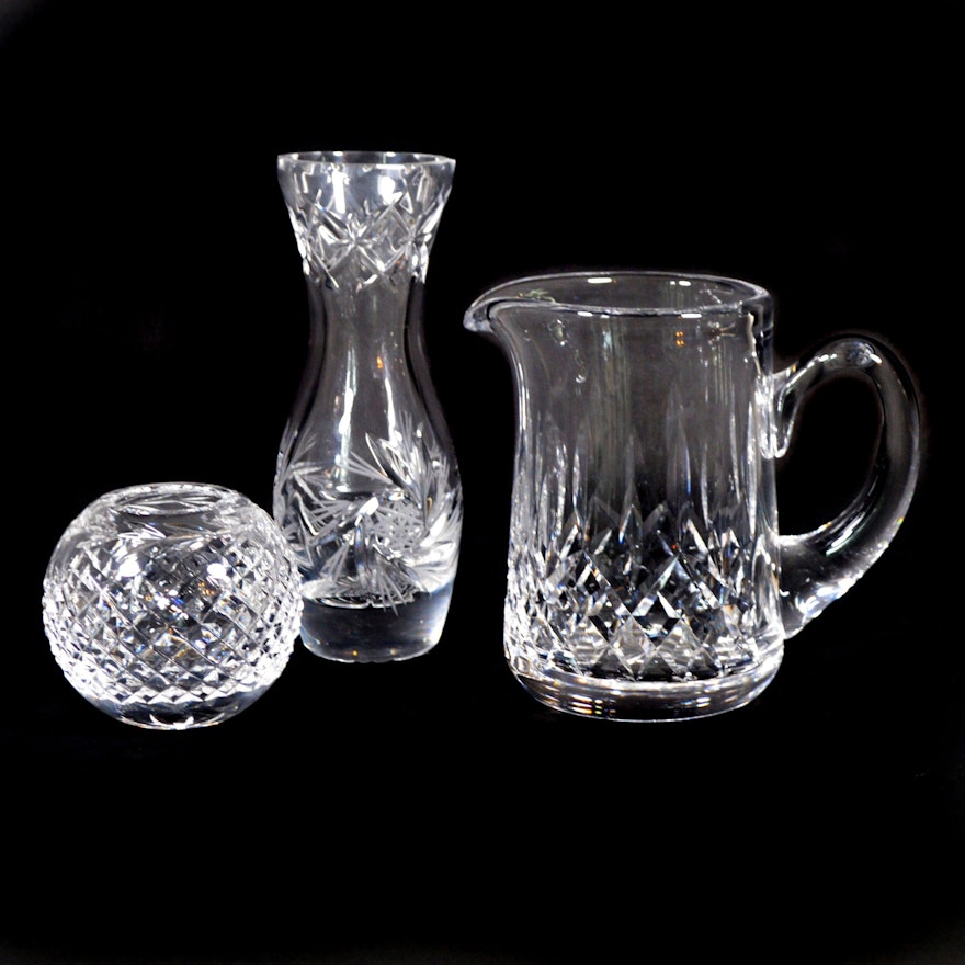 Waterford "Glandore" Crystal Rose Bowl, "Lismore" Pitcher and Other Flower Vase