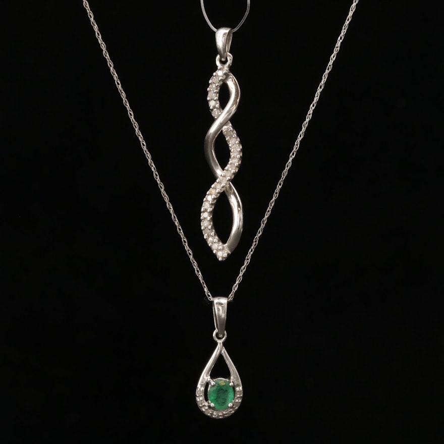 10K White Gold Emerald and Diamond Necklace and Diamond Pendant