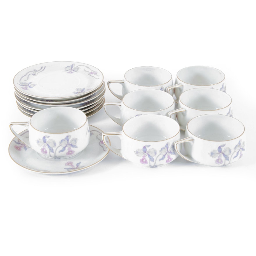 Bavarian Porcelain Cups and Saucers with Iris Motif, Mid to Late 20th Century