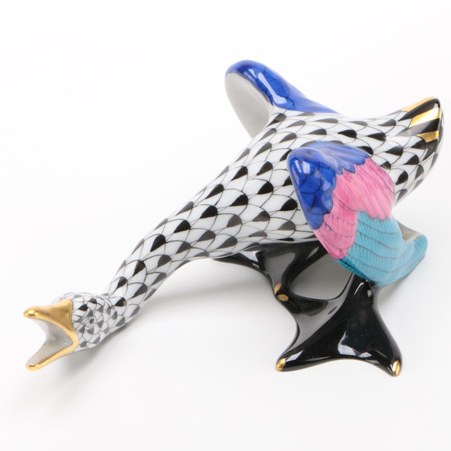 Herend Black Fishnet with Gold "Wild Goose" Porcelain Figurine, January 1994