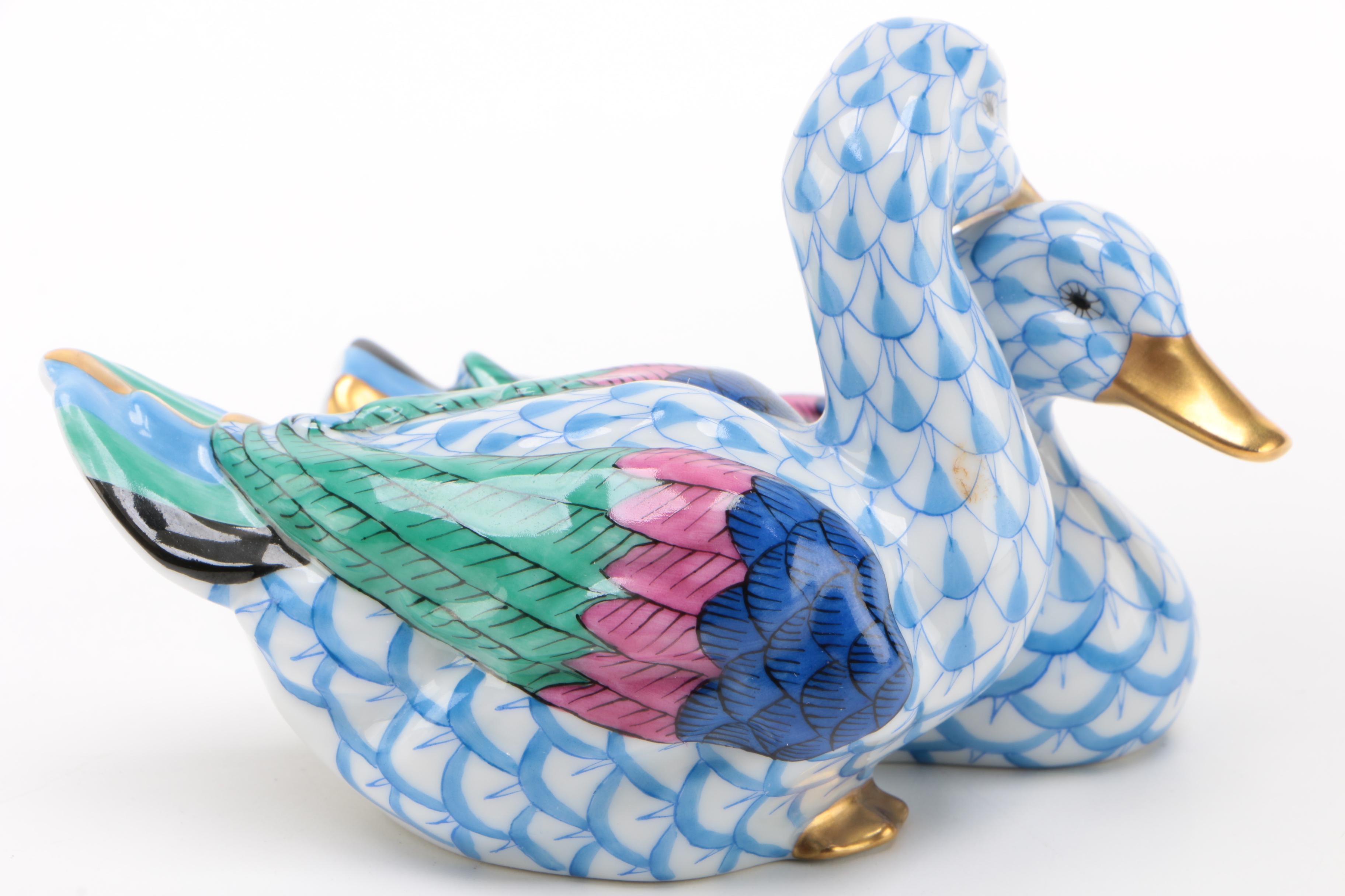 Herend 175th Anniversary Blue Fishnet "Pair of Ducks" Porcelain Figurine, 2001