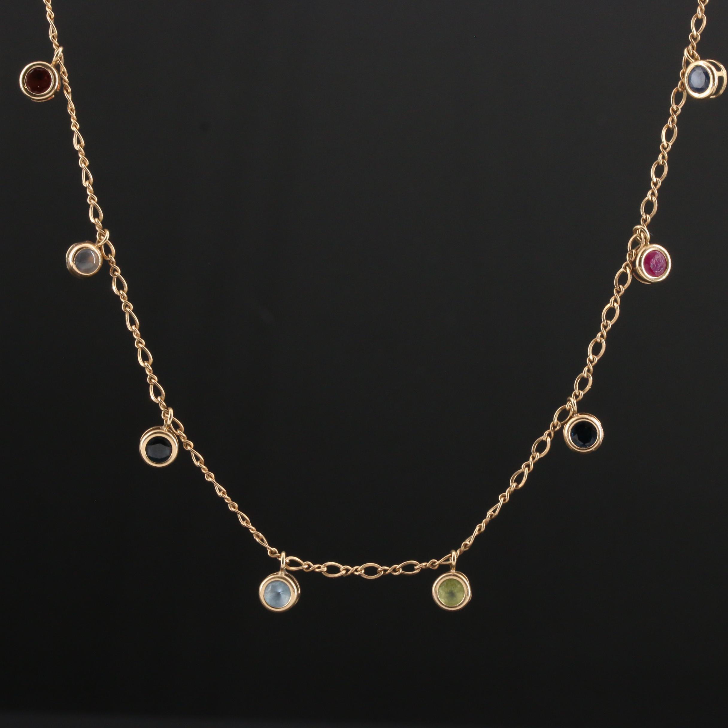 14K Yellow Gold Sapphire, Ruby, Peridot, Aquamarine, and Garnet Necklace