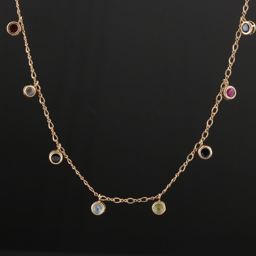 14K Yellow Gold Sapphire, Ruby, Peridot, Aquamarine, and Garnet Necklace