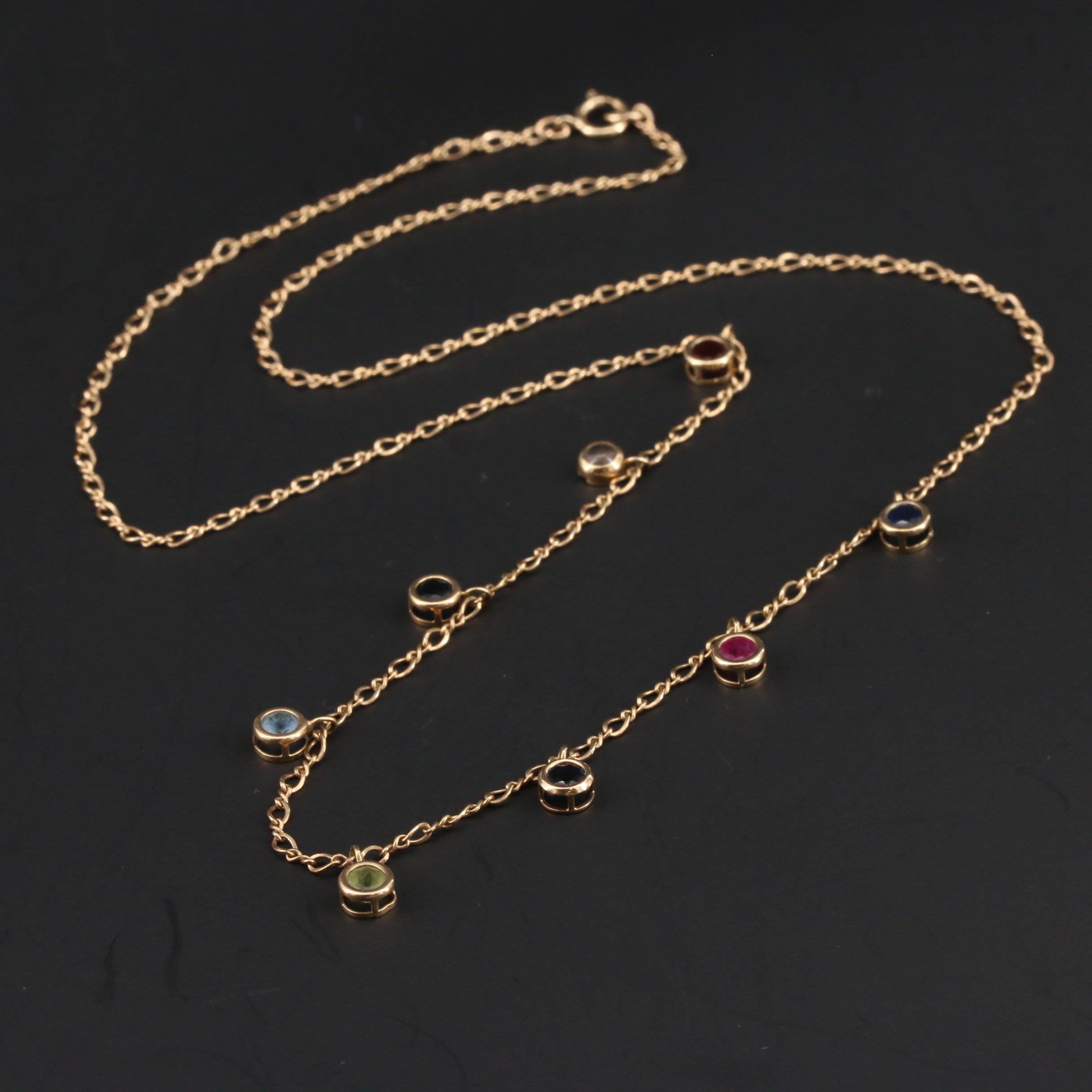 14K Yellow Gold Sapphire, Ruby, Peridot, Aquamarine, and Garnet Necklace