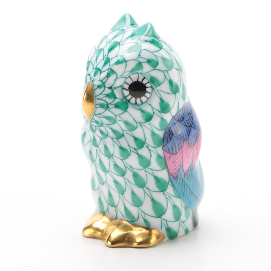 Herend Green Fishnet with Gold "Miniature Owl" Porcelain Figurine