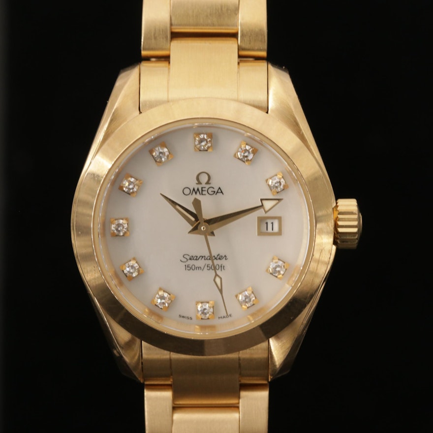 Omega Seamaster Aqua Terra 18K Gold and Diamond Wristwatch with Mother of Pearl