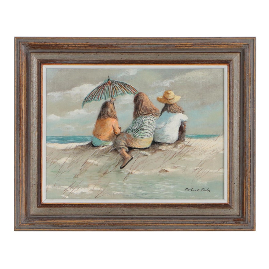 Robert Fabe Tempera Painting of Women Sitting on the Beach