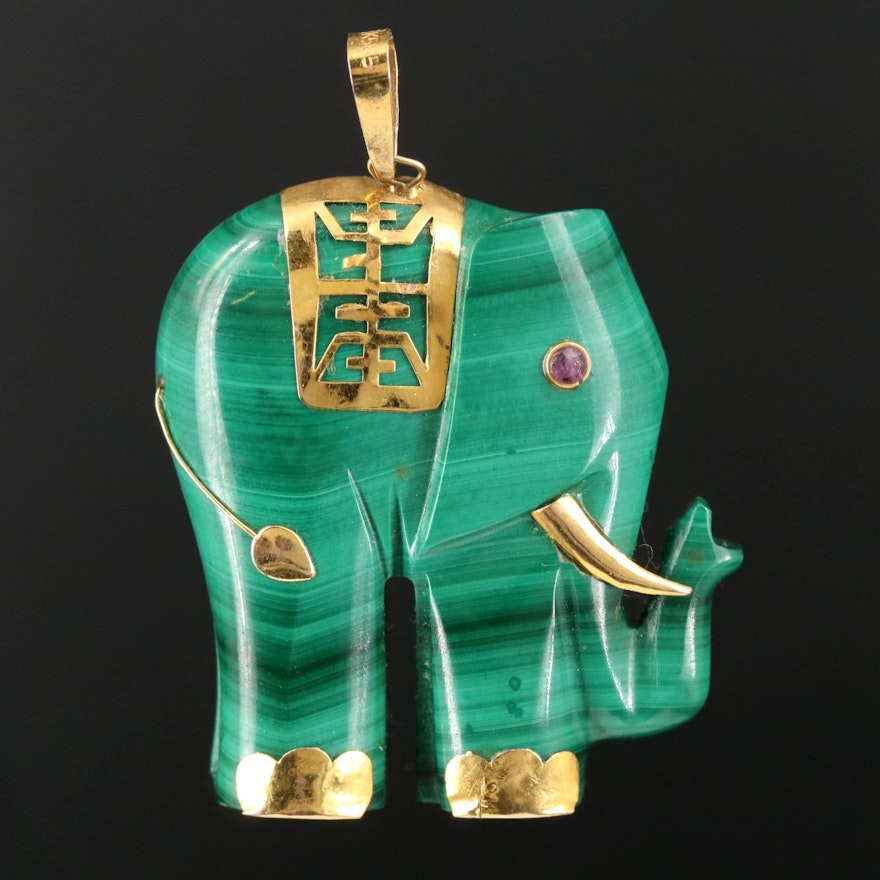 14K Yellow Gold Ruby and Malachite Elephant Pendant