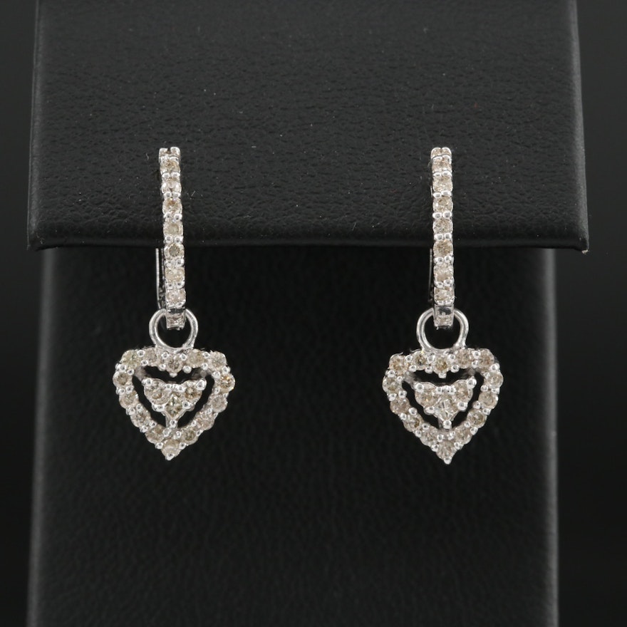 14K White Gold Diamond Huggie Earrings with Diamond Heart Dangle
