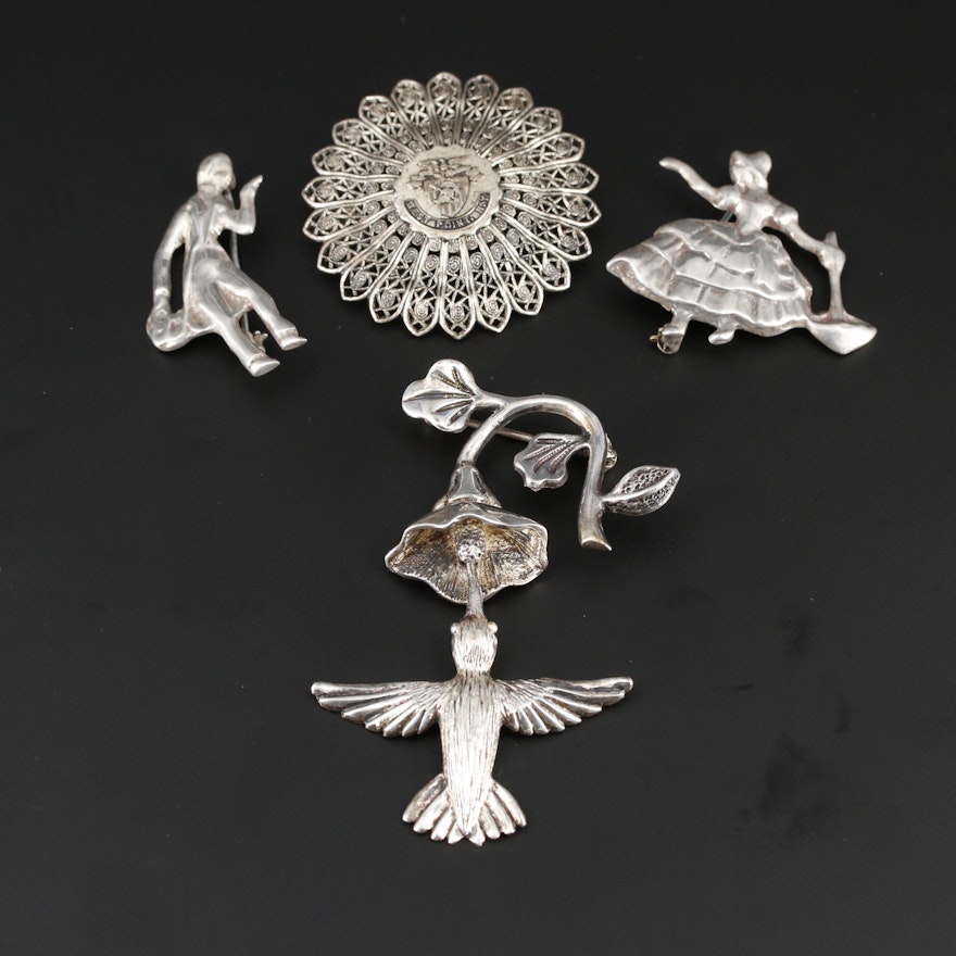 Vintage Sterling Silver Brooches Including Hummingbird and West Point