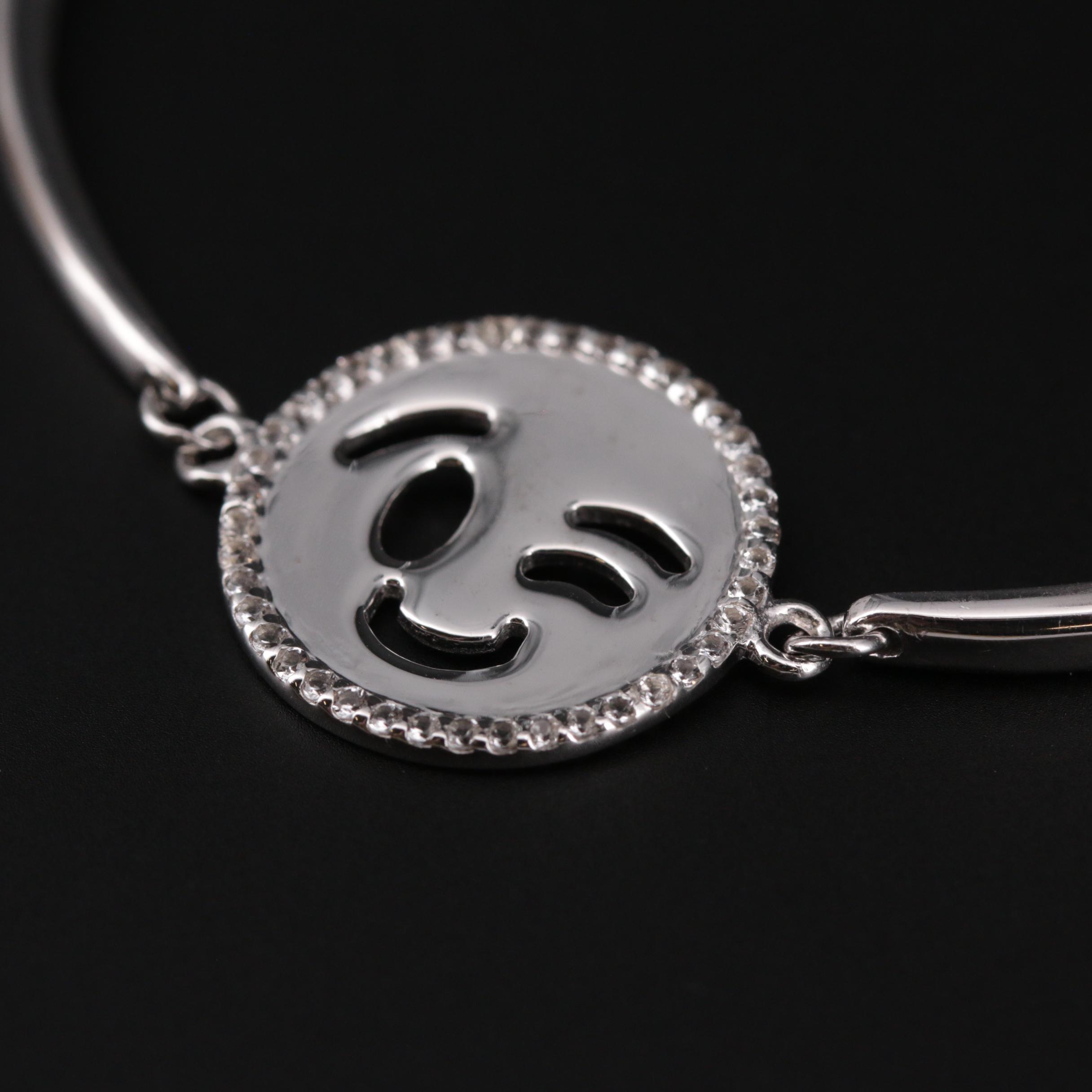 Sterling Silver White Topaz Wink Face Emoji Bracelet