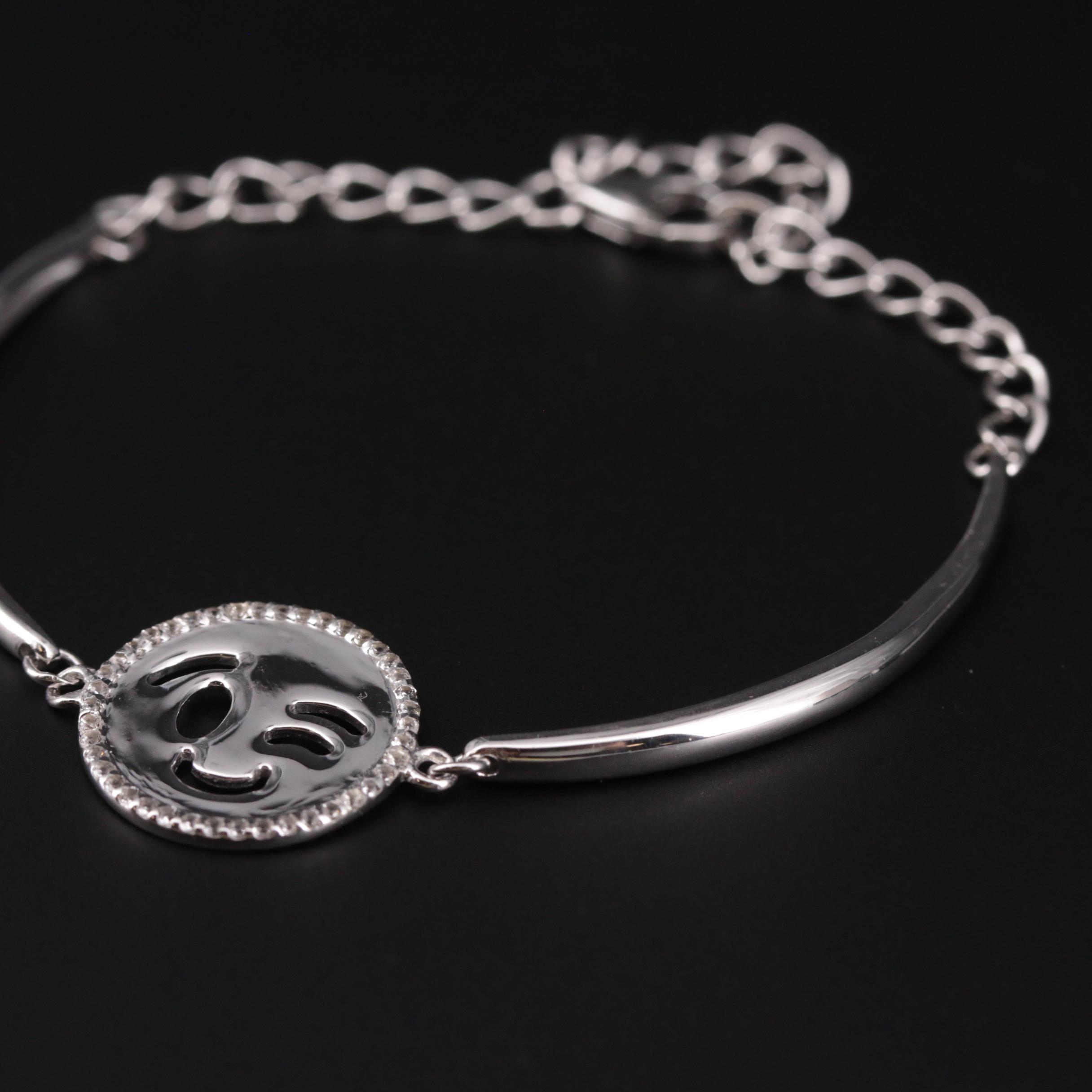 Sterling Silver White Topaz Wink Face Emoji Bracelet