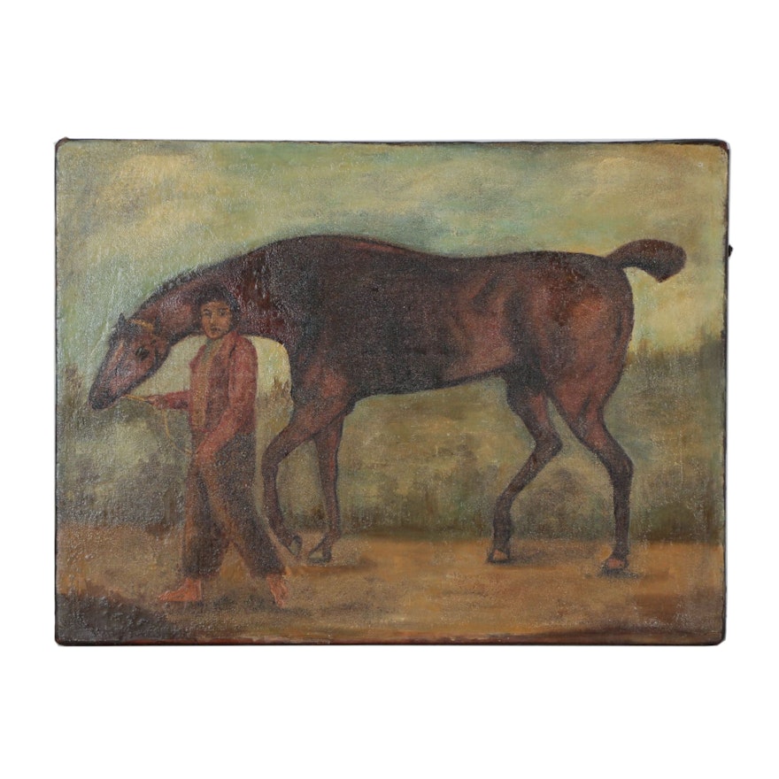 19th Century Oil Painting of a Horse and Groom