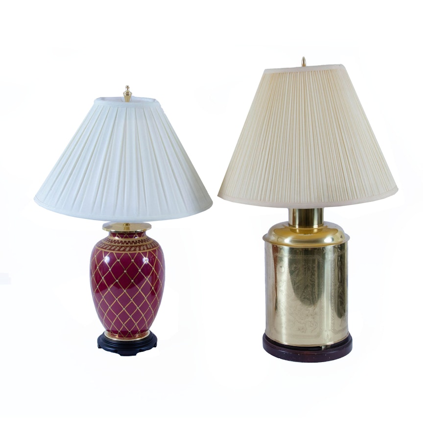 Etched Brass and Hand-Painted Ceramic Table Lamps