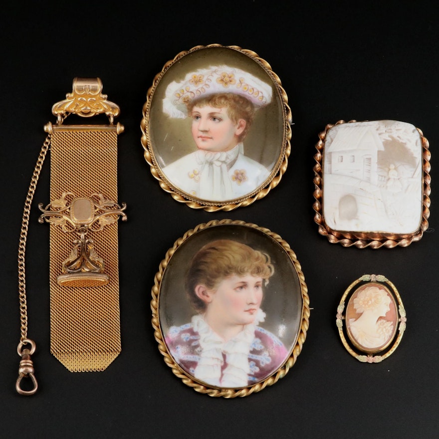 Vintage Stage Actors Cameo and Portrait Brooches and Watch Fob