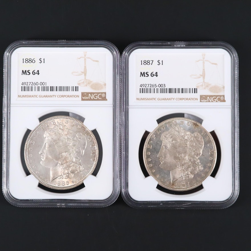 Two NGC Graded MS64 Silver Morgan Dollars Including an 1886 and 1887