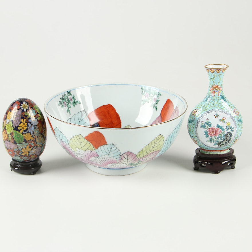 East Asian Cloisonné Egg and Vase with Hand-Painted Ceramic Bowl