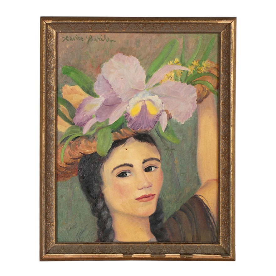 Xavier J. Barile Oil Portrait of Woman with Flowers, Late 20th Century