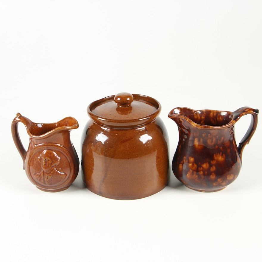 American Rockingham Brown Earthenware Crock and Pitchers