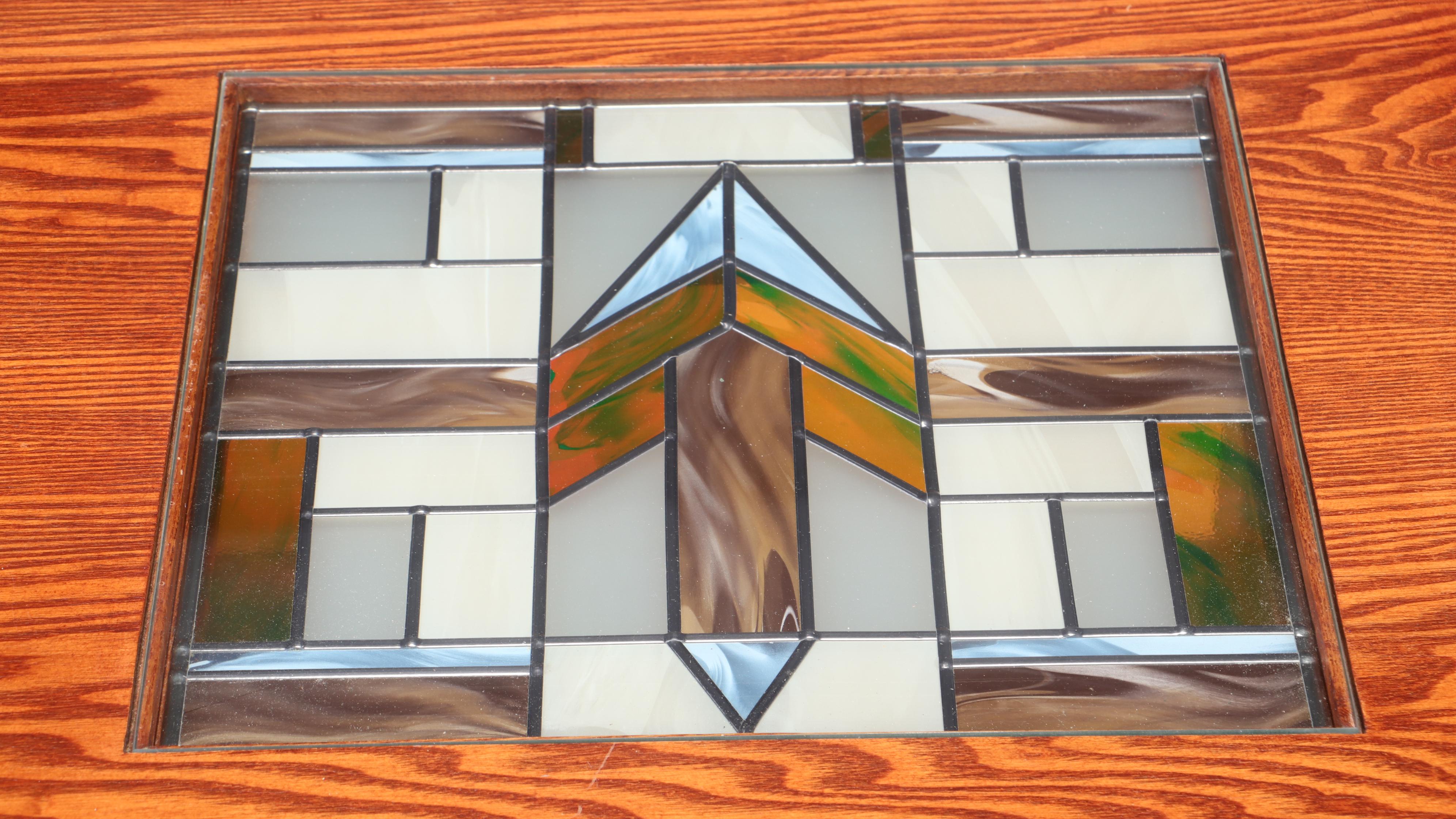 Mission Style Oak Coffee Table with Slag Glass Inlay, Late 20th Century