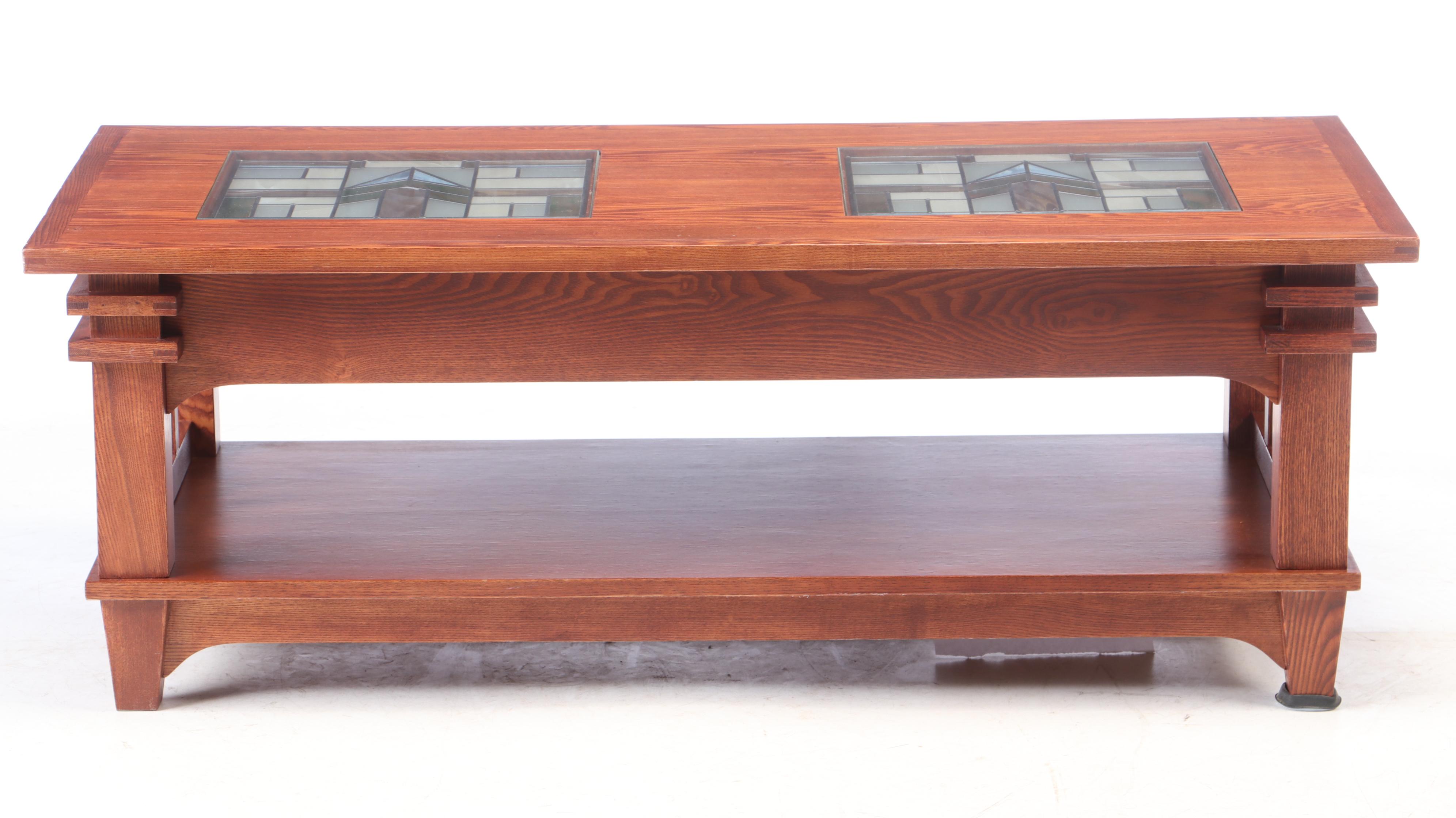 Mission Style Oak Coffee Table with Slag Glass Inlay, Late 20th Century