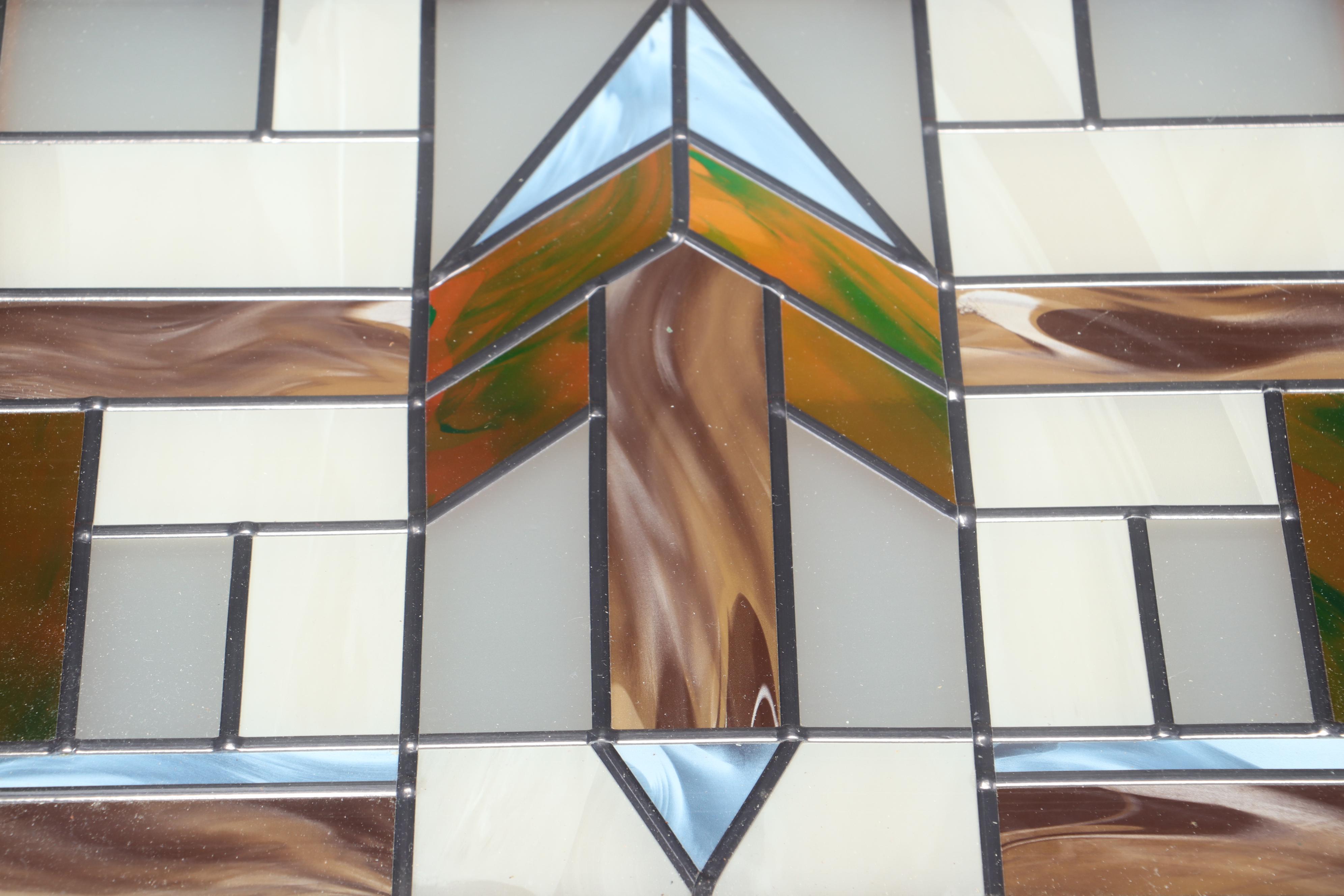 Mission Style Oak Coffee Table with Slag Glass Inlay, Late 20th Century