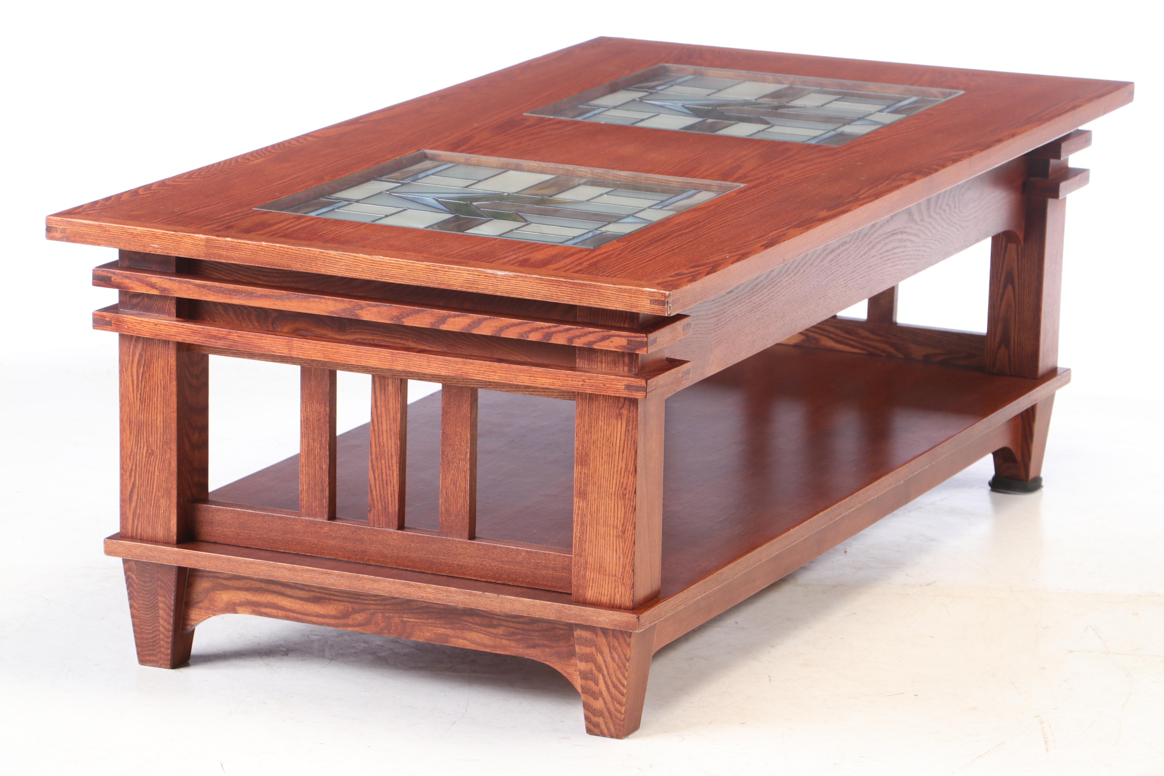 Mission Style Oak Coffee Table with Slag Glass Inlay, Late 20th Century
