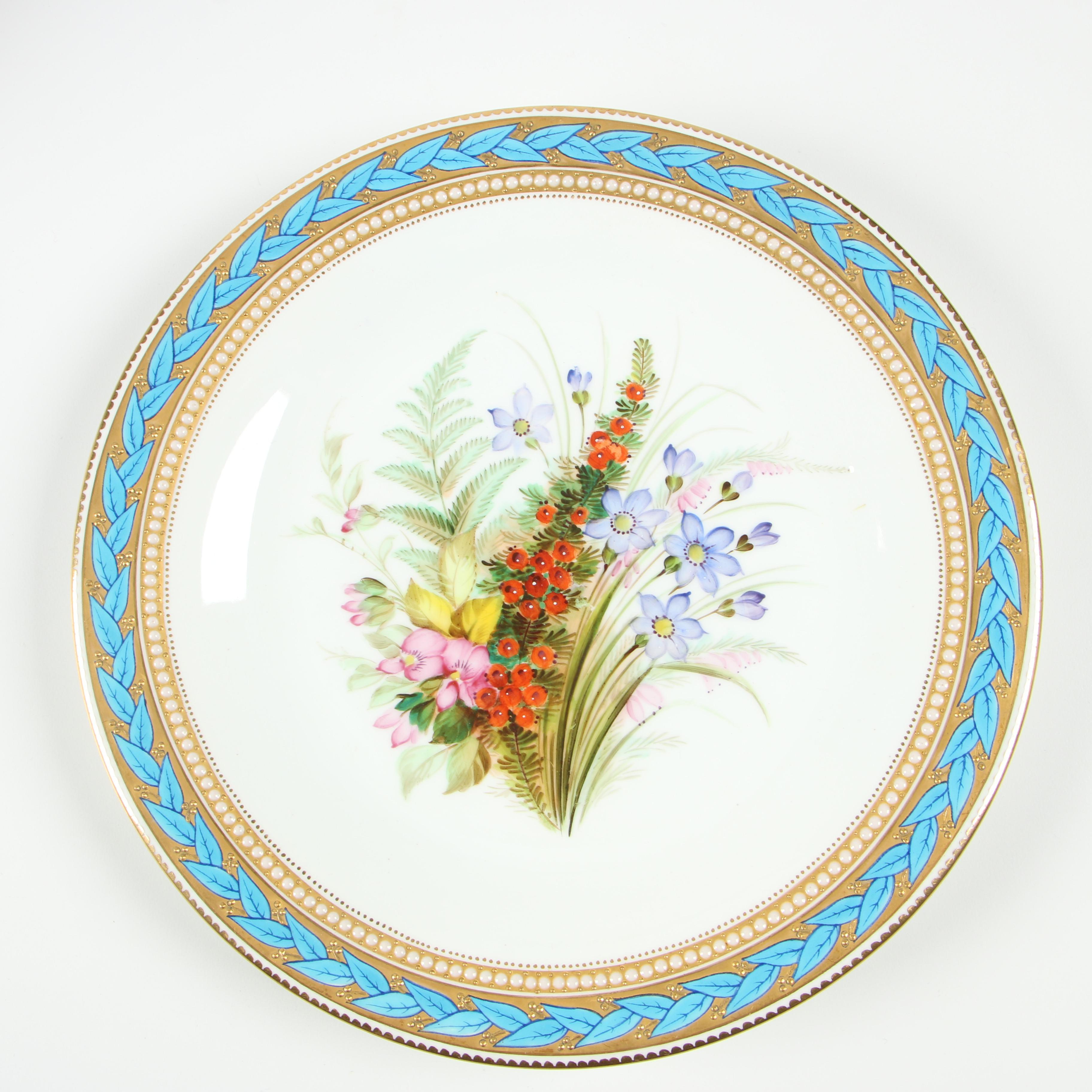 Royal Worcester Porcelain Luncheon Plates with Gilded Blue Laurel Trim, 1950