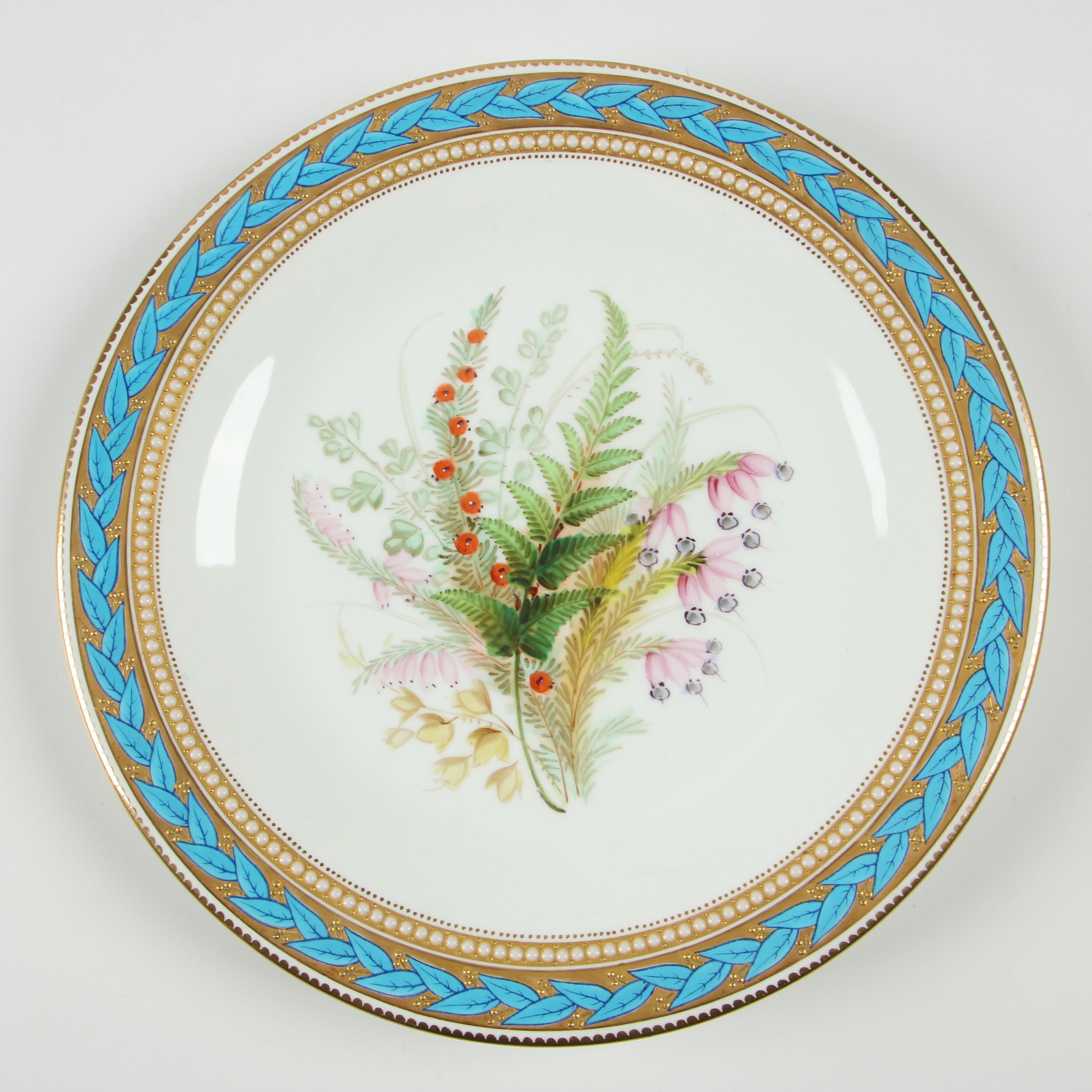 Royal Worcester Porcelain Luncheon Plates with Gilded Blue Laurel Trim, 1950