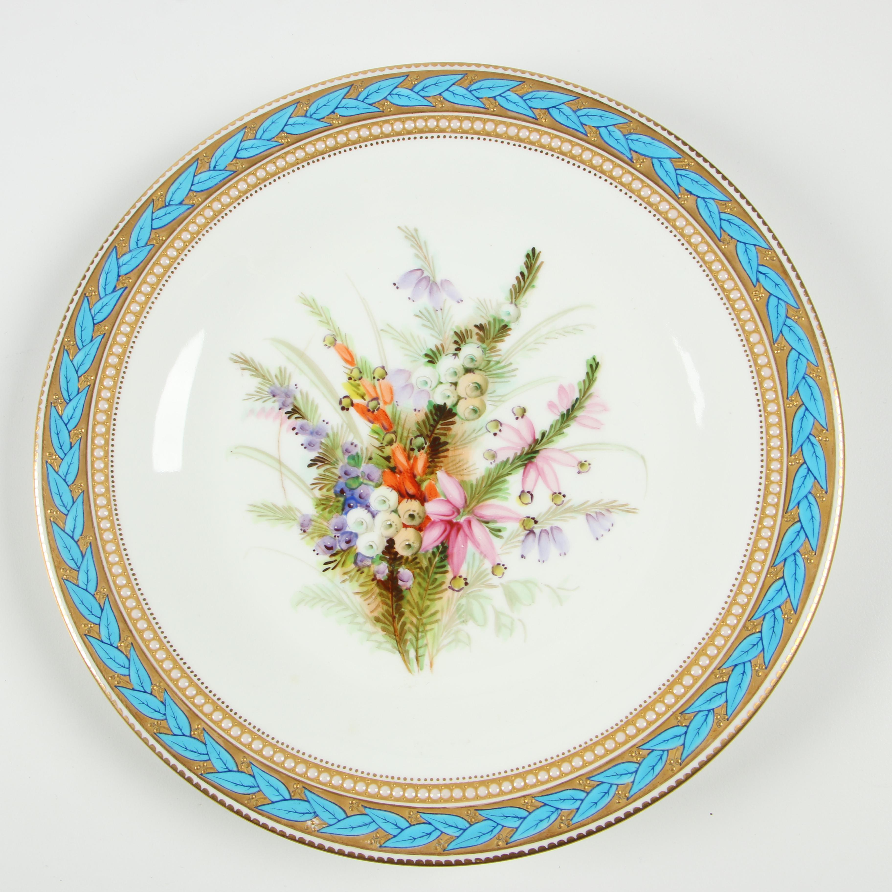 Royal Worcester Porcelain Luncheon Plates with Gilded Blue Laurel Trim, 1950