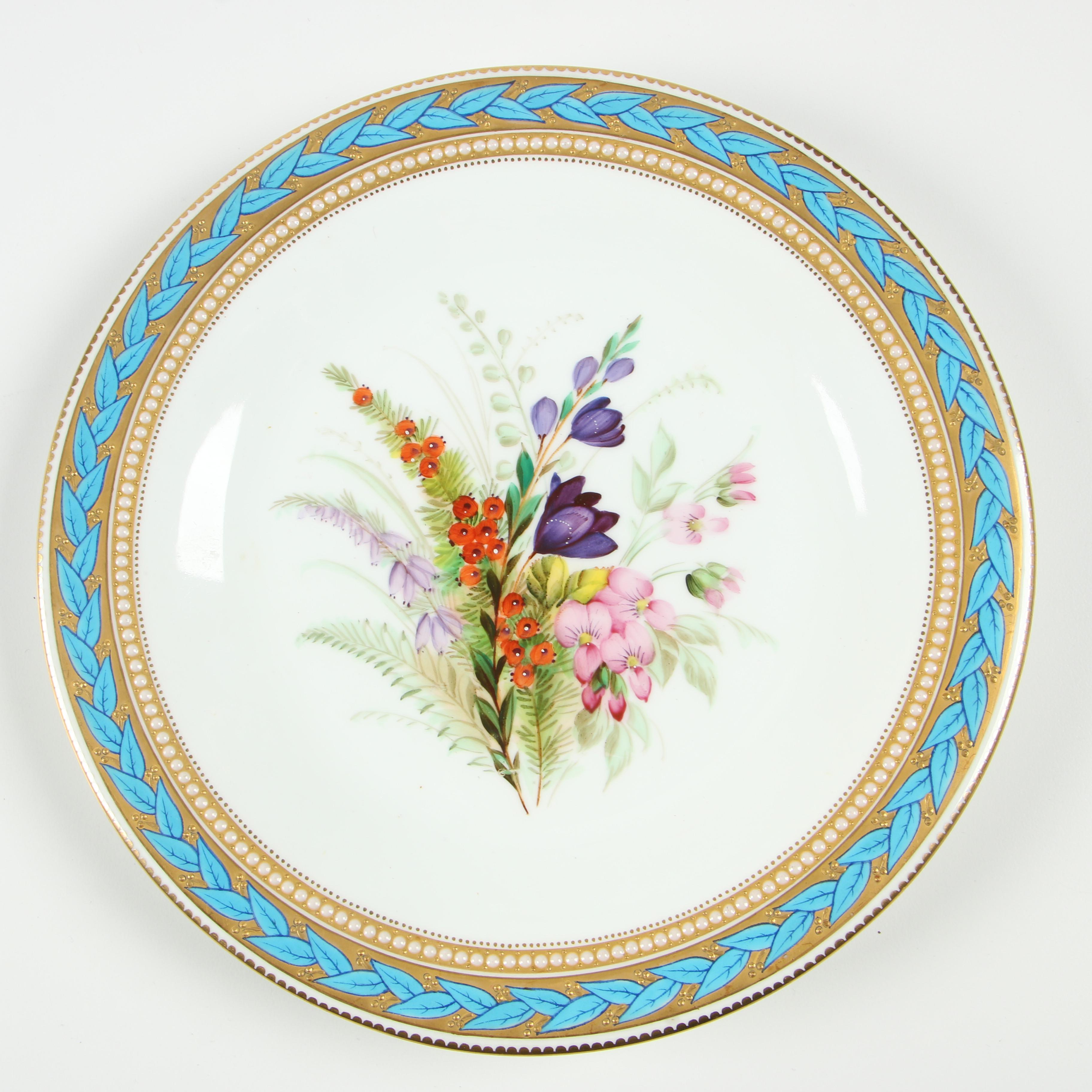 Royal Worcester Porcelain Luncheon Plates with Gilded Blue Laurel Trim, 1950