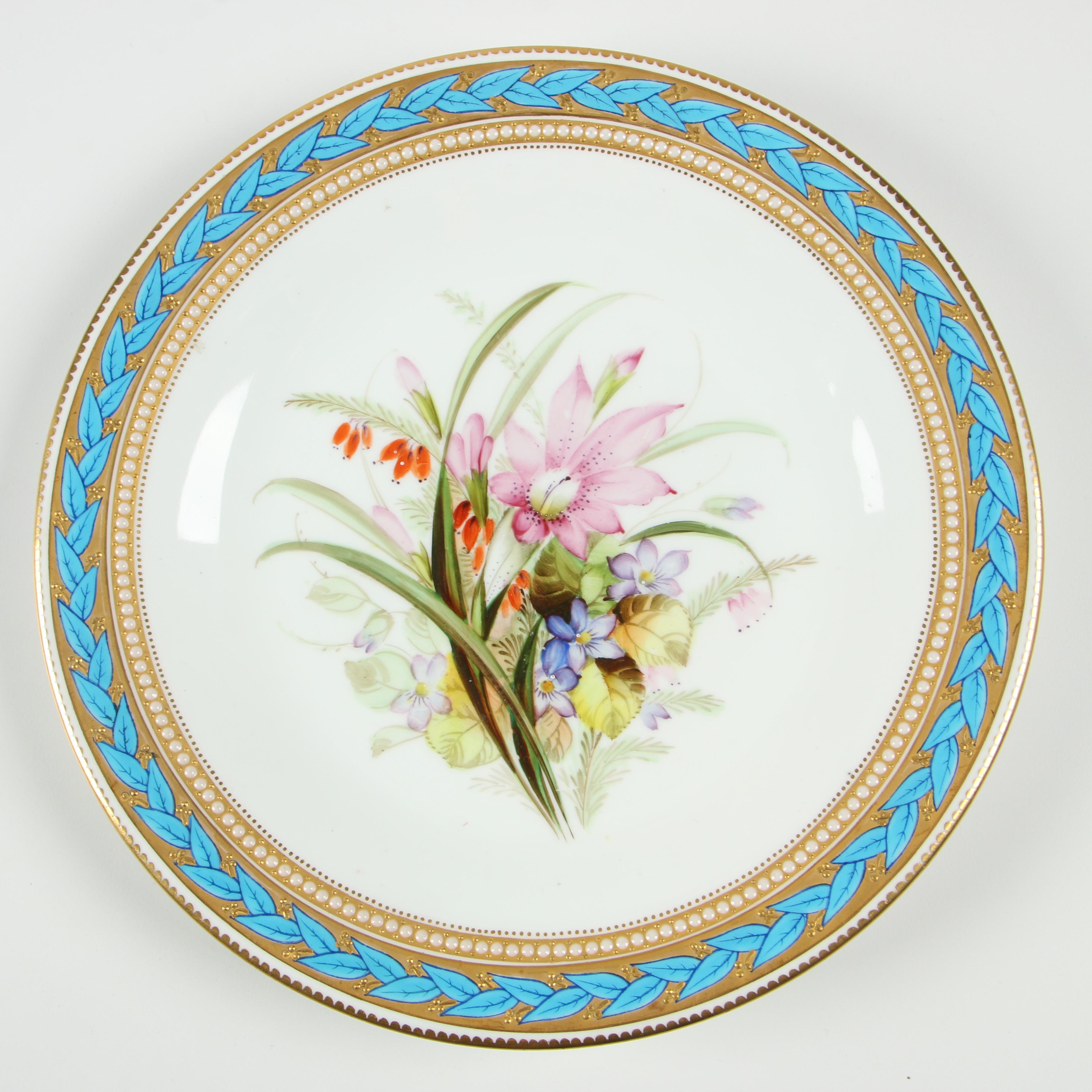 Royal Worcester Porcelain Luncheon Plates with Gilded Blue Laurel Trim, 1950
