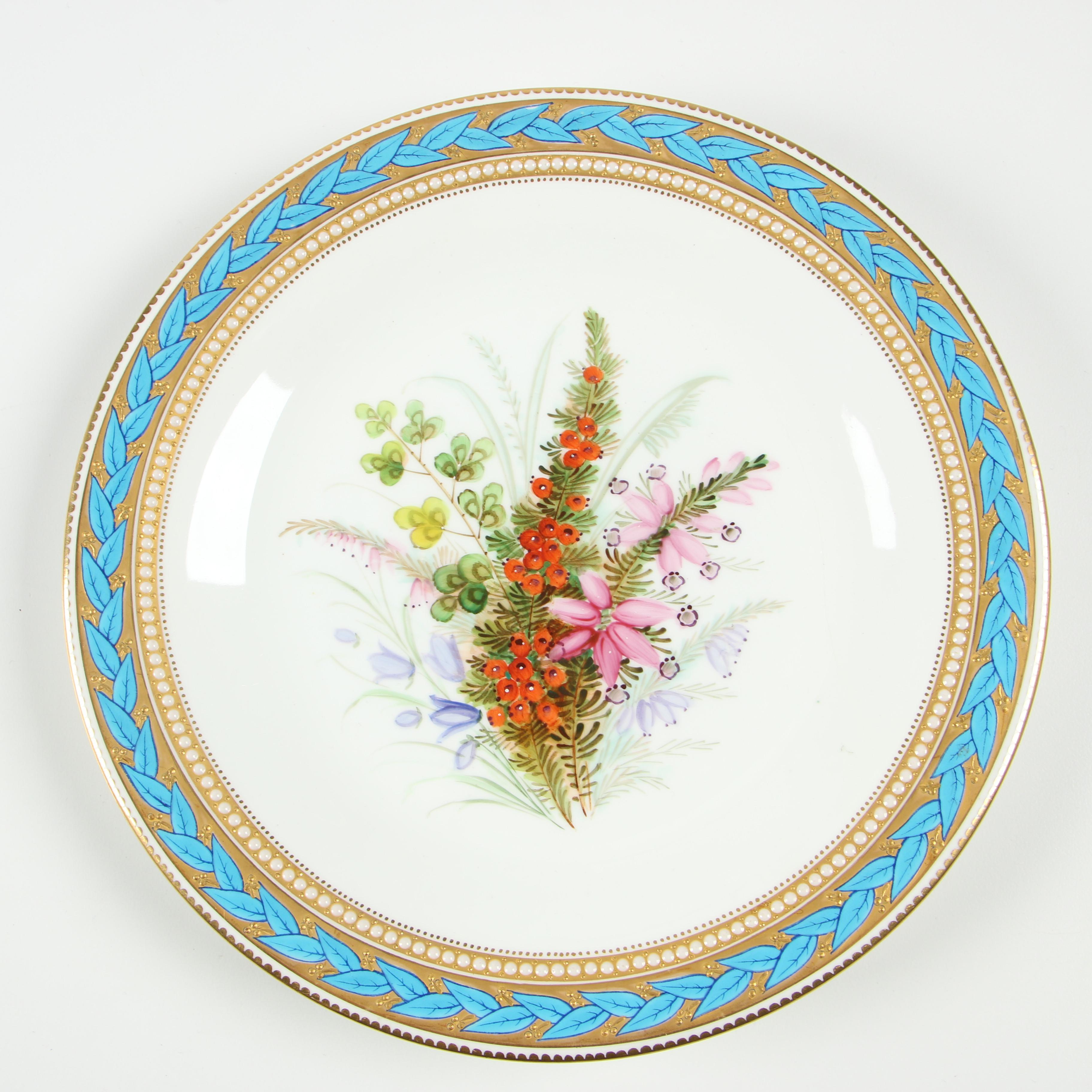 Royal Worcester Porcelain Luncheon Plates with Gilded Blue Laurel Trim, 1950