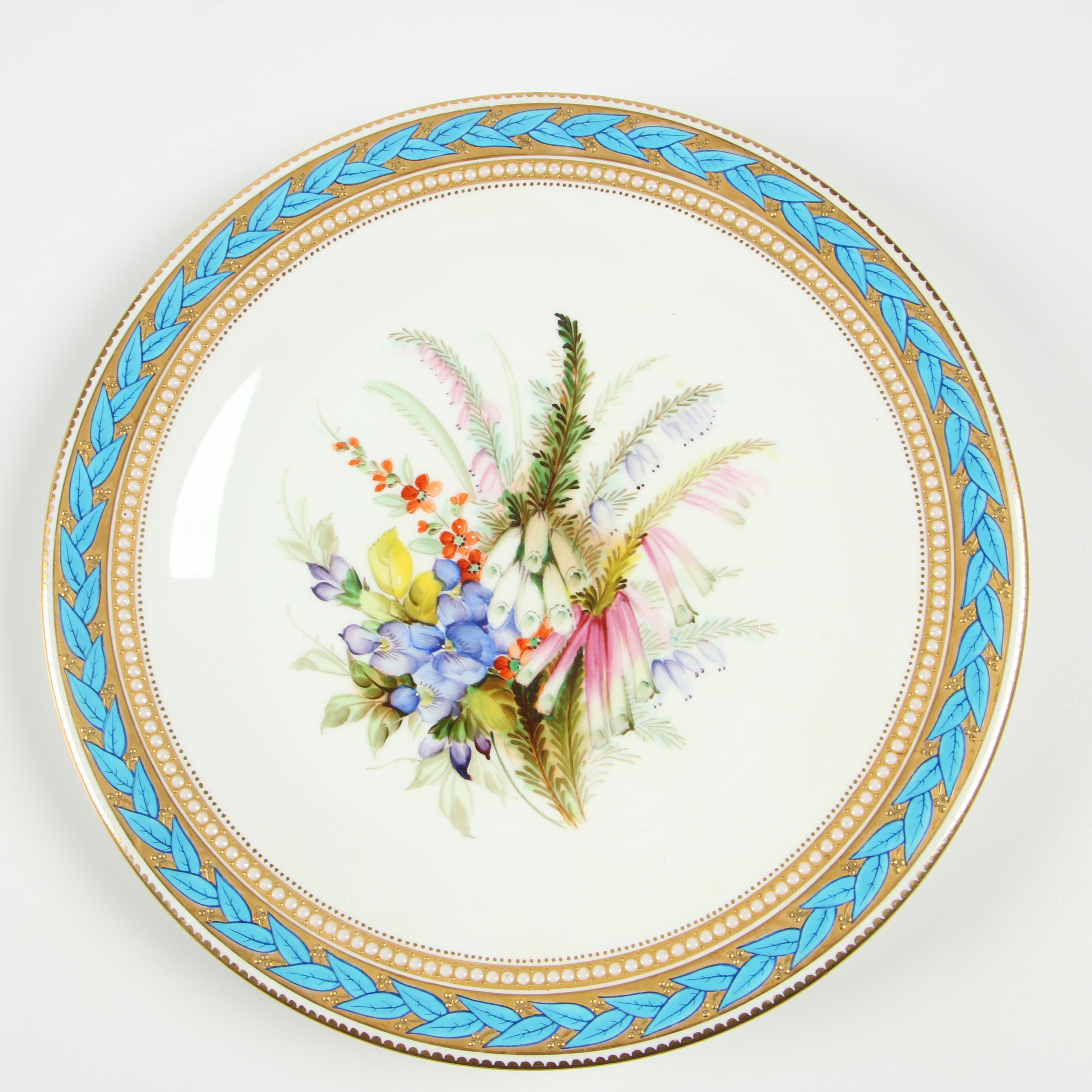 Royal Worcester Porcelain Luncheon Plates with Gilded Blue Laurel Trim, 1950
