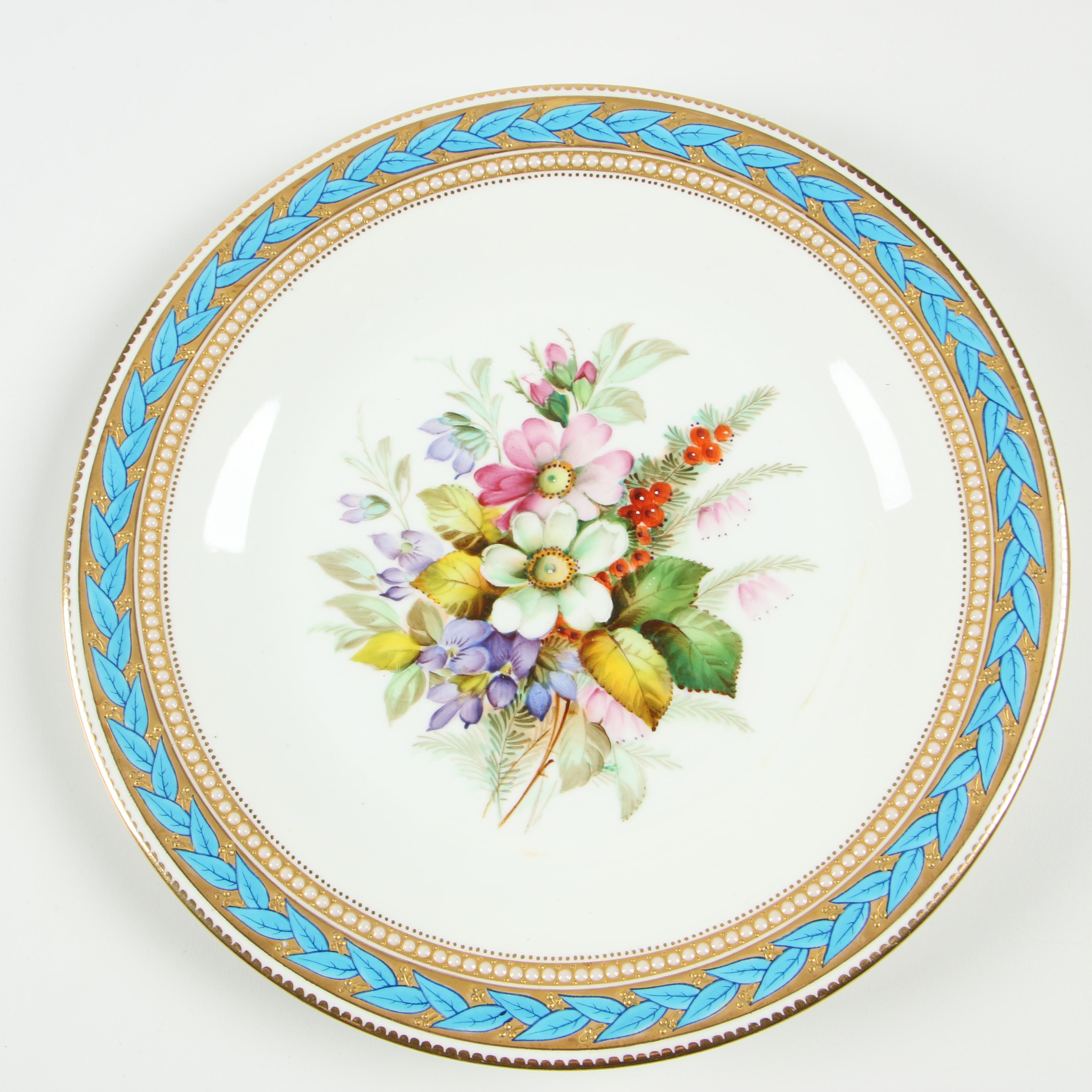Royal Worcester Porcelain Luncheon Plates with Gilded Blue Laurel Trim, 1950
