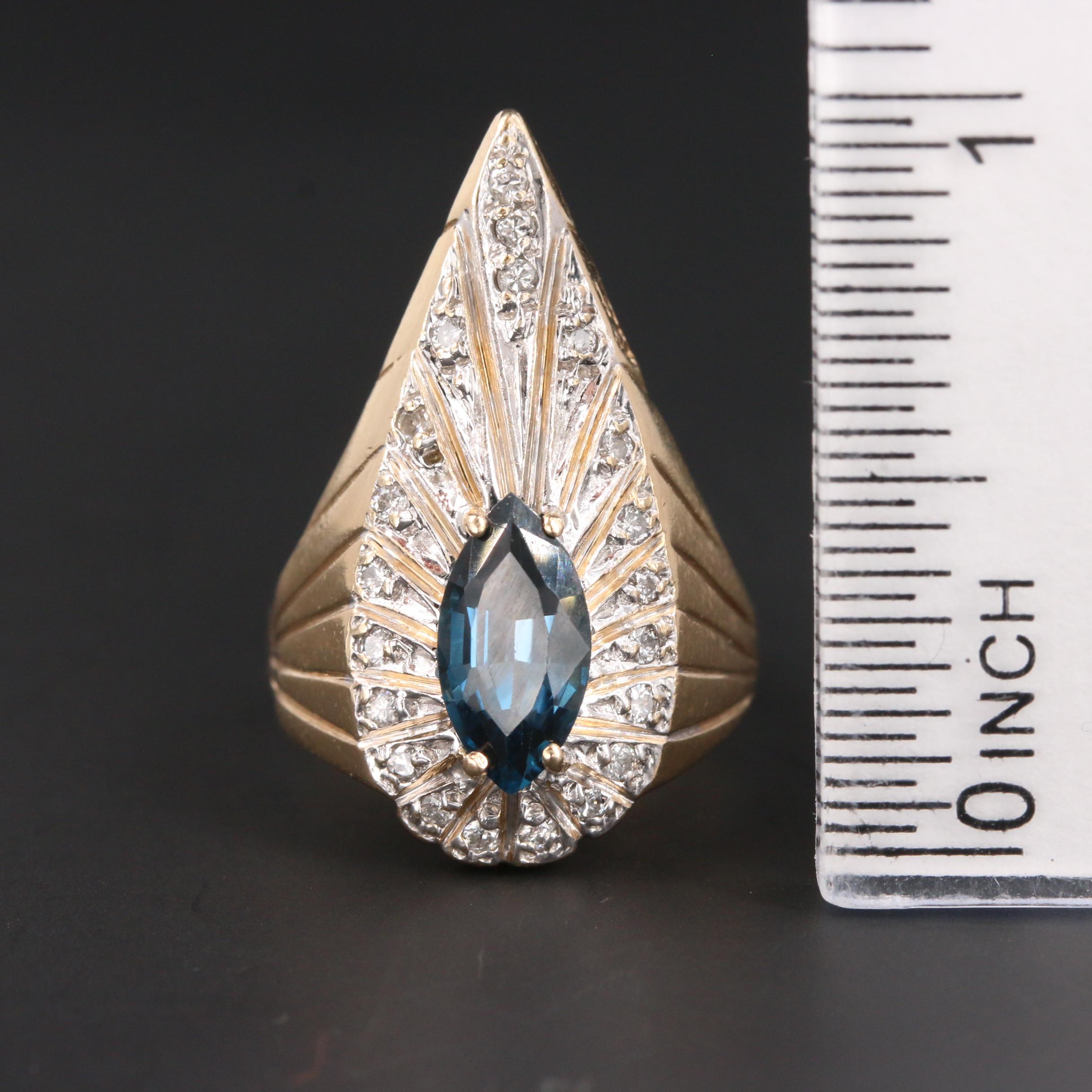 Art Deco Erté 14K Yellow Gold Blue Topaz and Diamond Peacock Ring