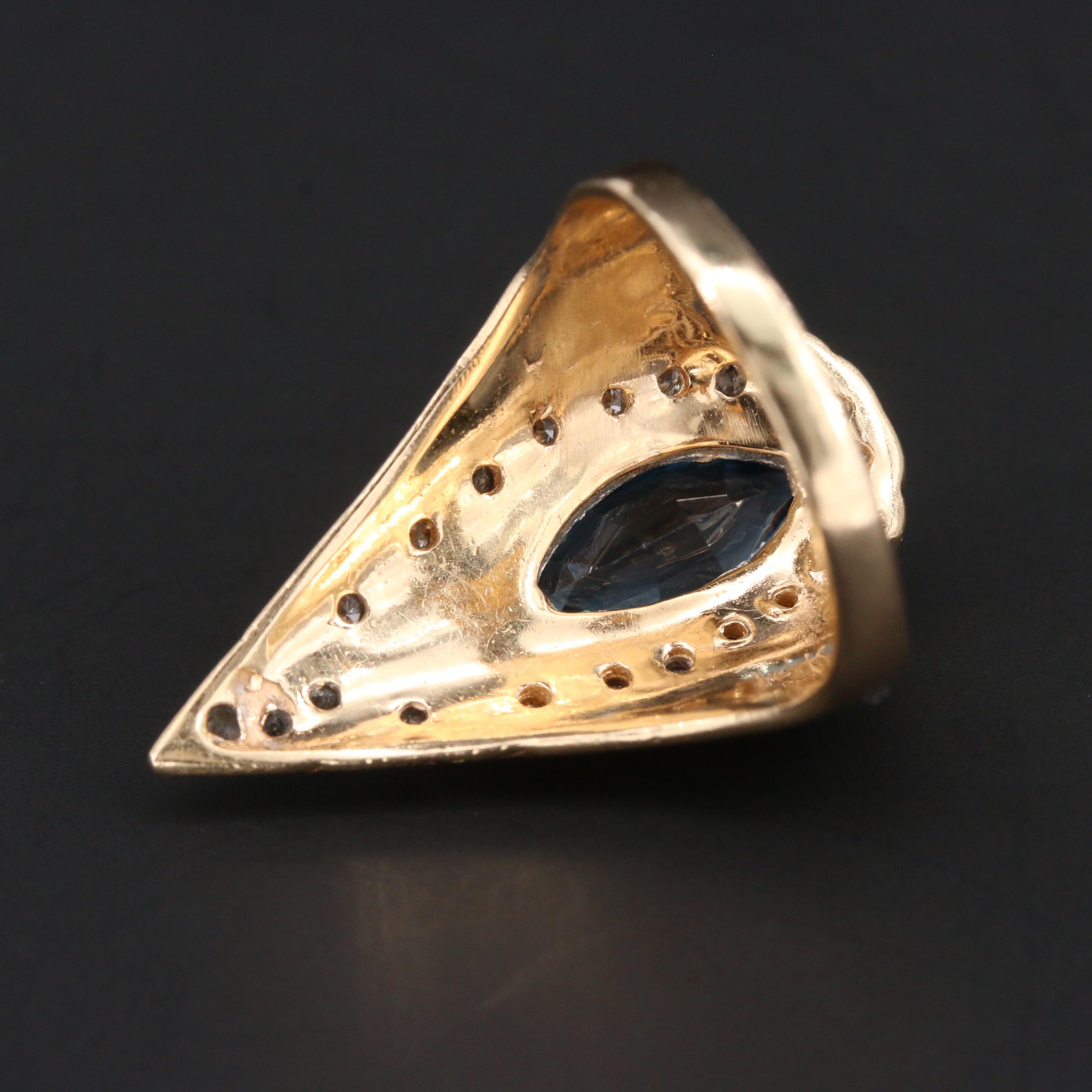 Art Deco Erté 14K Yellow Gold Blue Topaz and Diamond Peacock Ring