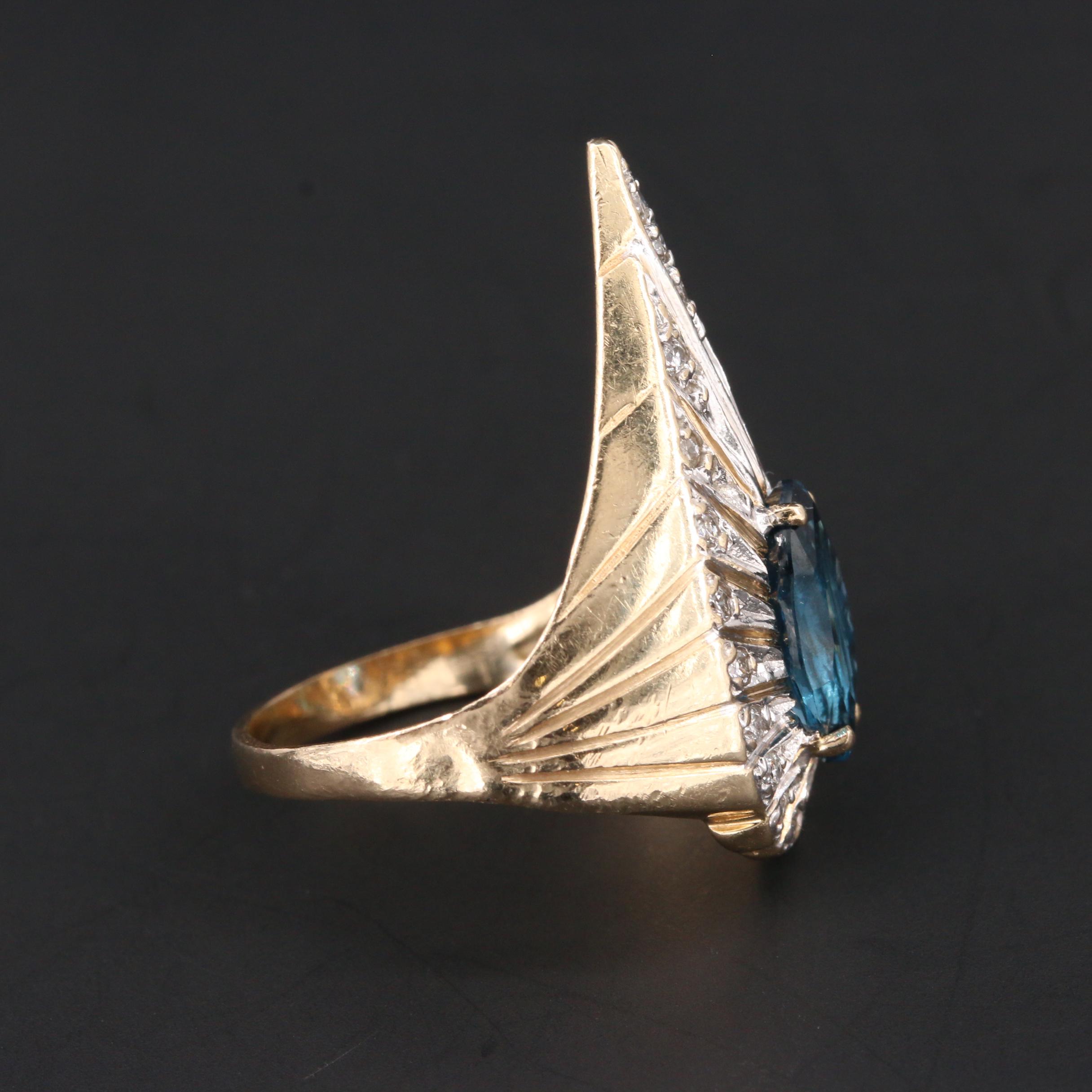 Art Deco Erté 14K Yellow Gold Blue Topaz and Diamond Peacock Ring